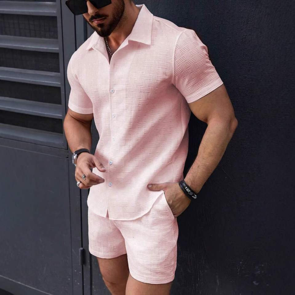 2025 Fashion New Mens Short sleeved Shirt Shorts Sports and Leisure Beach Two piece Set