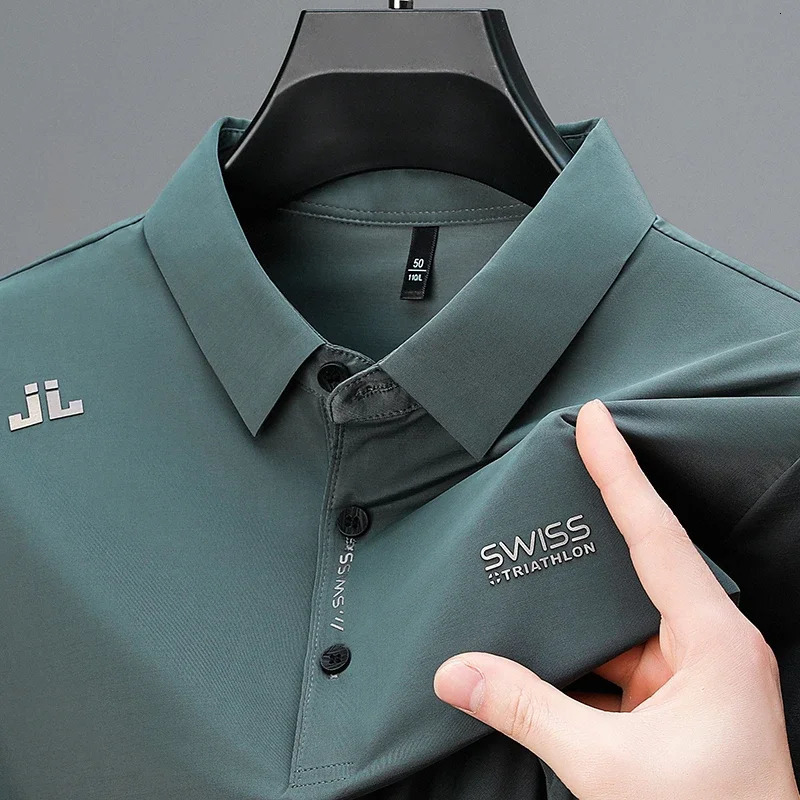 mens business casual short sleeved shirt with badge solid color polo shirt stylish breathable and comfortable lapel top 250411
