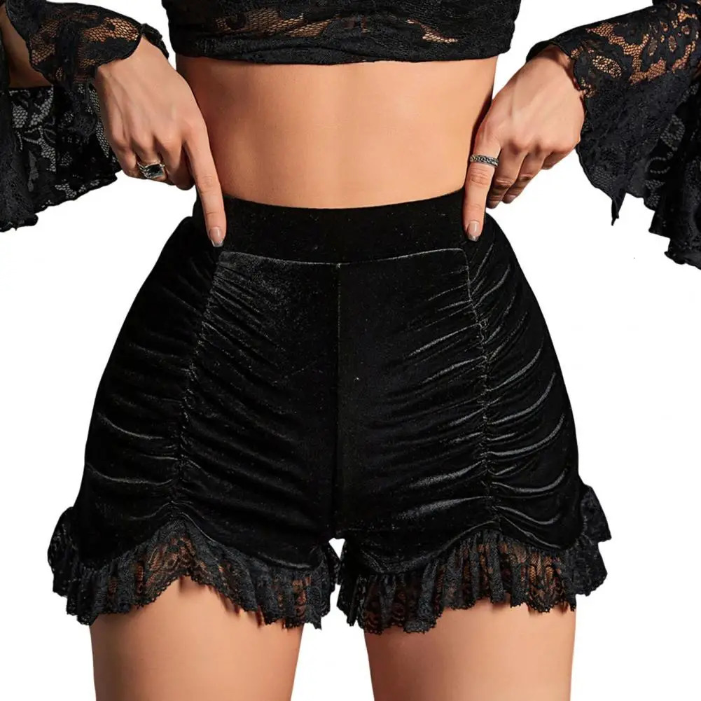Goth Dark Mall Gothic Velvet Ruched Sexy Shorts Skirts E-girl Grunge High Waist Skinny Bottoms Women Lace Hem Autumn Alt Clothes 250415