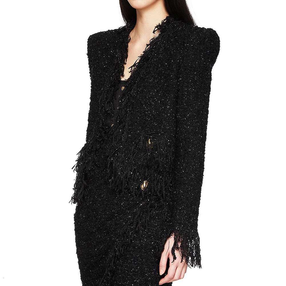 2024 Spring Autumn Black Tweed Edging Cardigans Long Sleeves Collarless Sweater Ladies Gold Buttons Tops Women