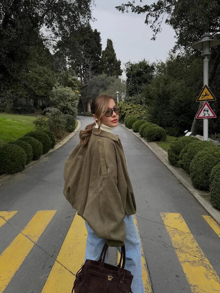 Chic Womens Green Suede Jacke Fashion Loose Long Sleeve Laple Zipper Bomber Jackets 2025 Spring Ladies High Street Clothing 250411