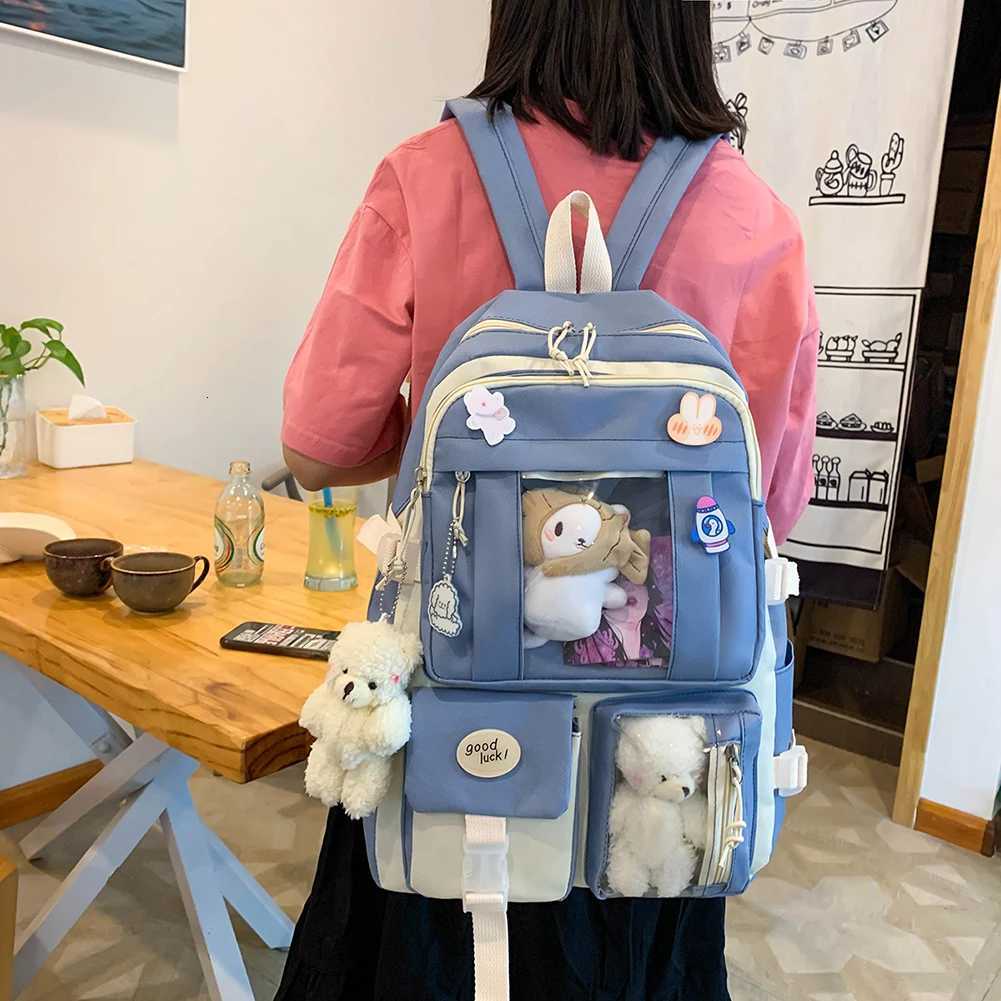 5pcs/set Kawaii Women Backpack Korean Cute Girl Bookbags Large Capacity Teenage Student School Bag Casual Canvas Travel RucksackW251114