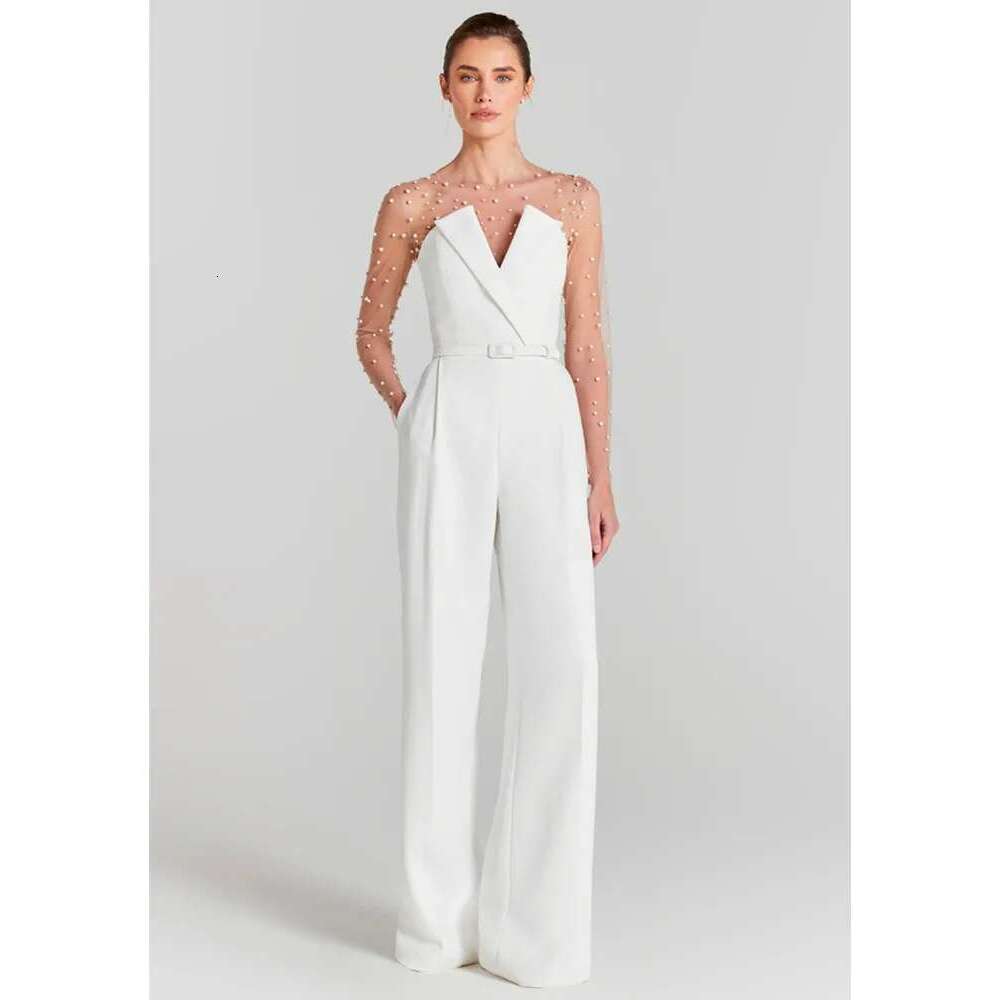 Women Summer Sexy Long Sleeve Pearl White Bodycon Set Jumpsuit 2024 Celebrity Designer High Street Rompers