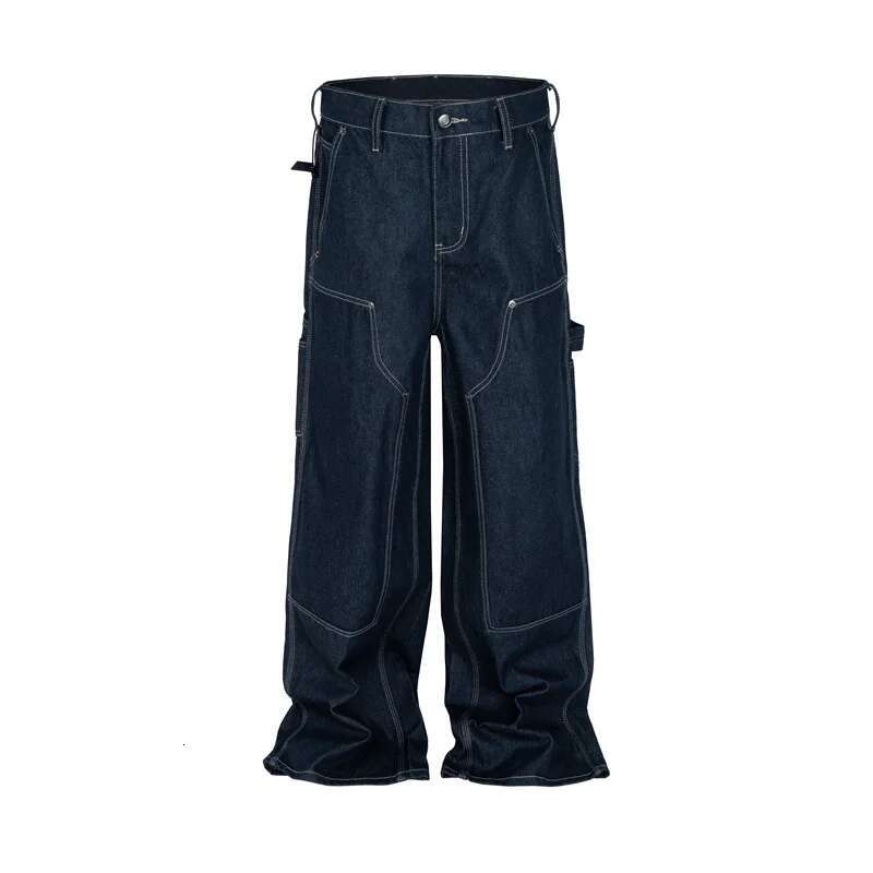 Niche Hip-Hop Dark Blue Denim Silhouette Baggy Jeans American Loose Wide-Legged Traig Pants Men's Trousers Tide 28W5905