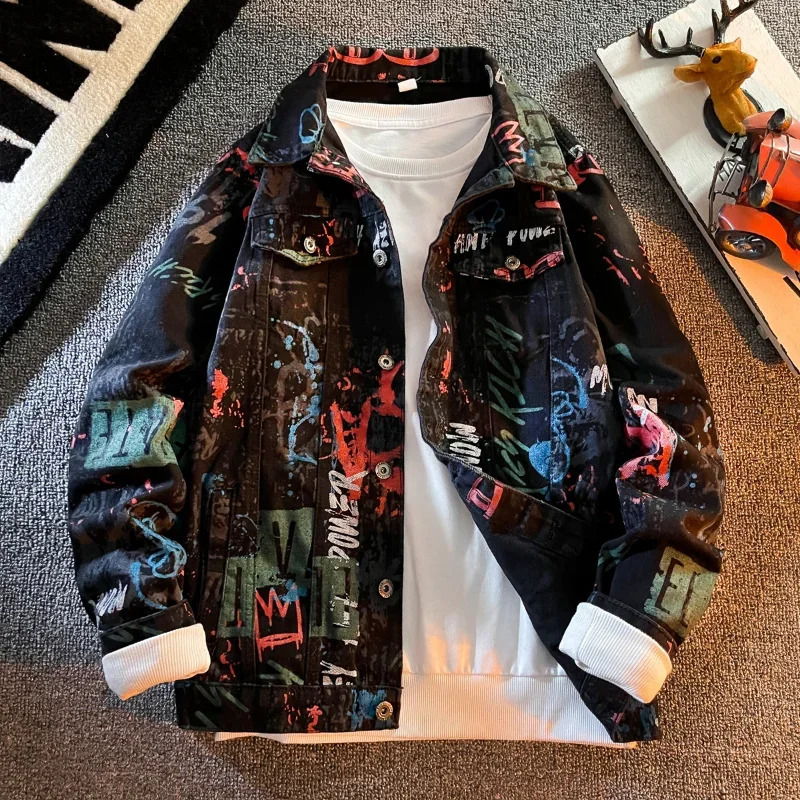 Hip Pop Leter Graffiti Denim Jacket Mens Fashion Spring Punk Wear Korean Kpop Trend Slim Top Unisex Handsome Casual Jeans Coat 250409