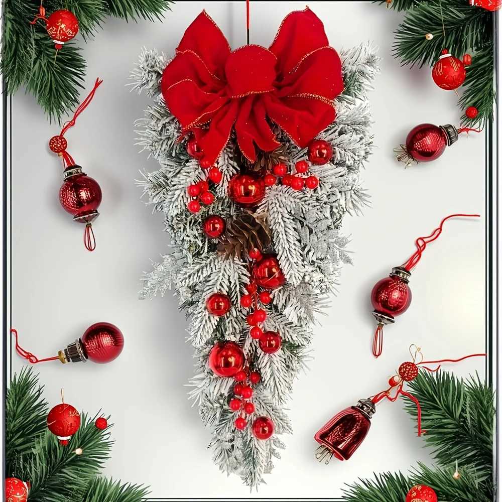 45/60cm Christmas Tree With Red Bow Christmas Ball For Front Door Window Flocking Wreath Xmas Ornaments Christmas DecorationsM251115