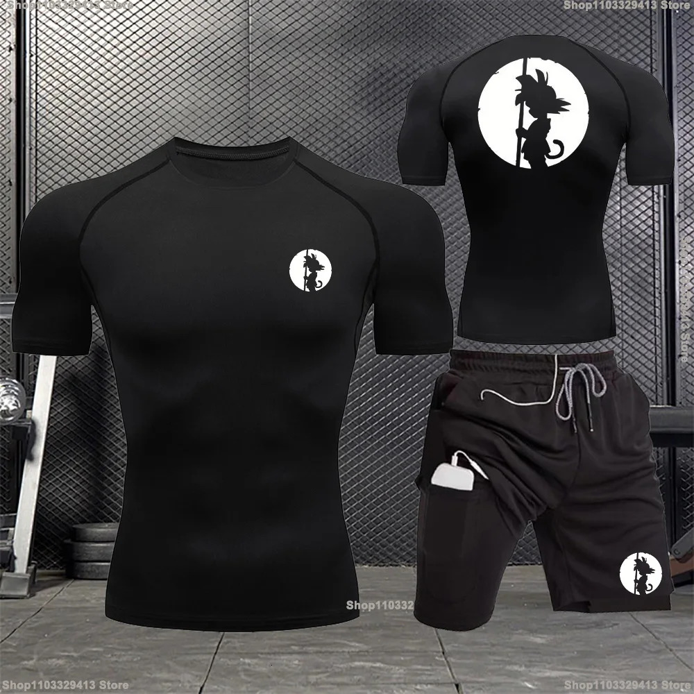 Compression Men Sports Clothing Two-Piece Summer Casual Fiess Suit Short-Sleev