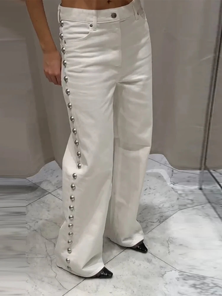Fashionable womens side pearl decorated denim jeans high waist wide leg pants 2025 trend streetwear y mens style 250414