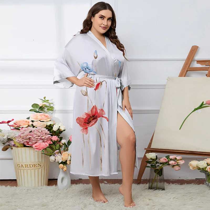 Oversized Sleepwear 2023 Autumn New Satin Robe Womens Summer Ice Silk Bathrobe Sexy Nightwear Print Kimono Casual Home Clothes C251115