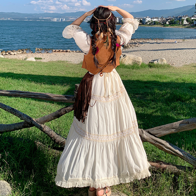 G125 Retro cotton and linen stitching lace multi-layer dress summer mid-sleeve travel vacation long skirt