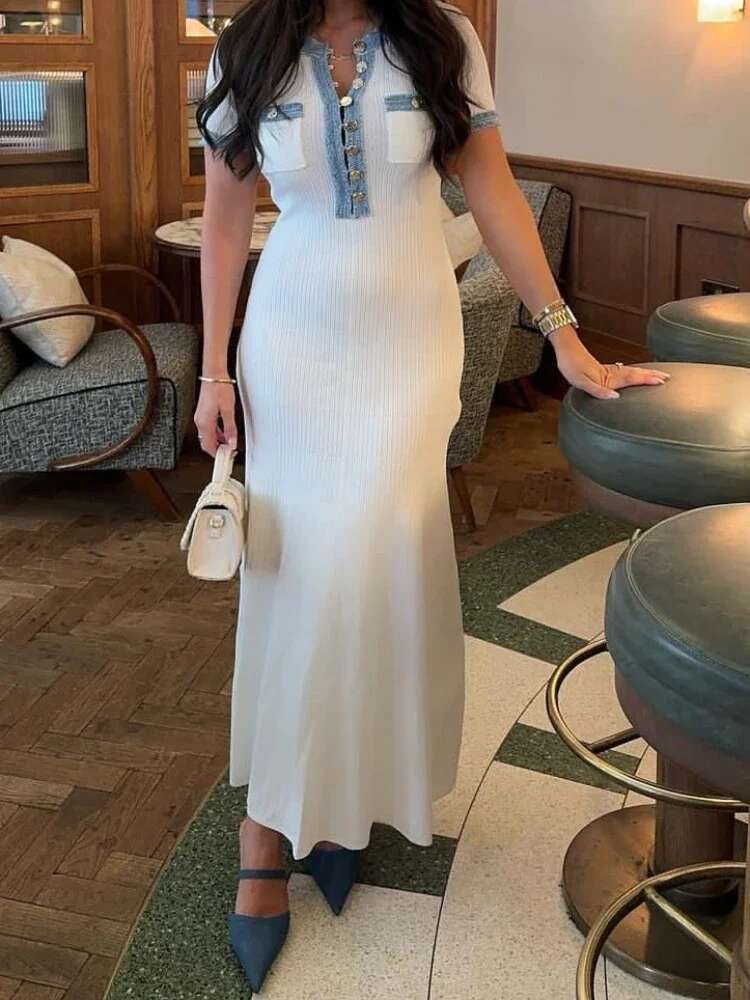 Denim Patchwork Or Length Women's 2024 Spring Slim Knitted Elegant Evening Birthday Party Maxi Dress 5230473