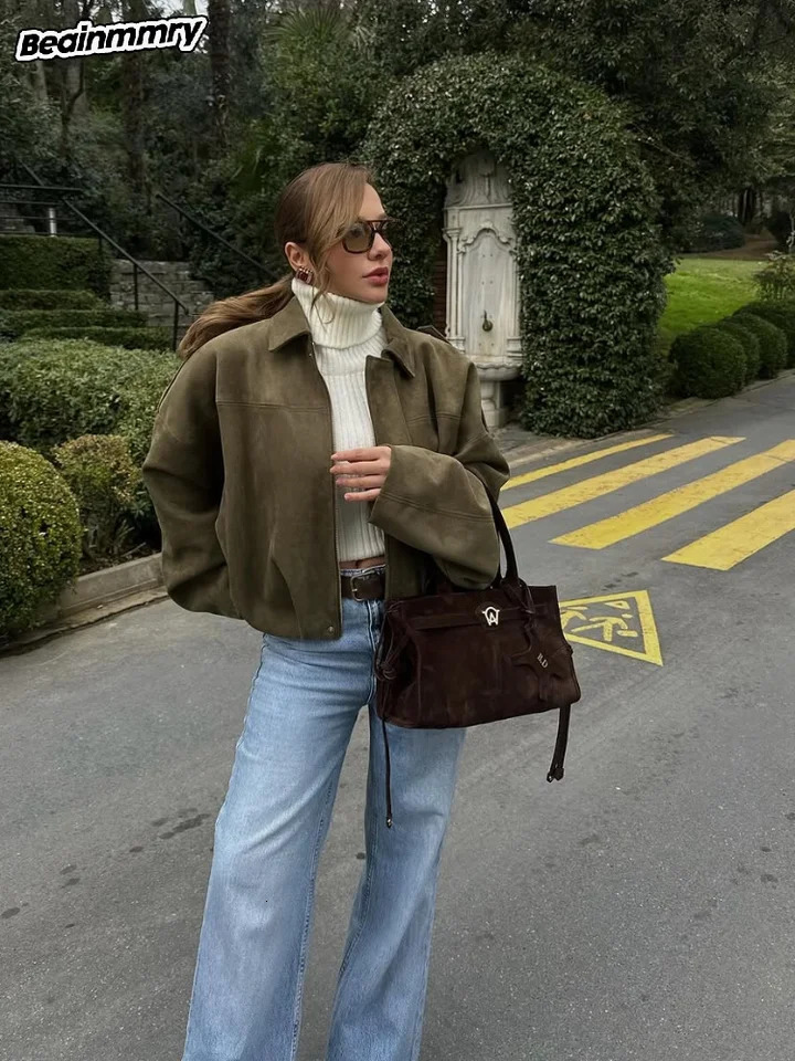 Chic Womens Green Suede Jacke Fashion Loose Long Sleeve Laple Zipper Bomber Jackets 2025 Spring Ladies High Street Clothing 250411