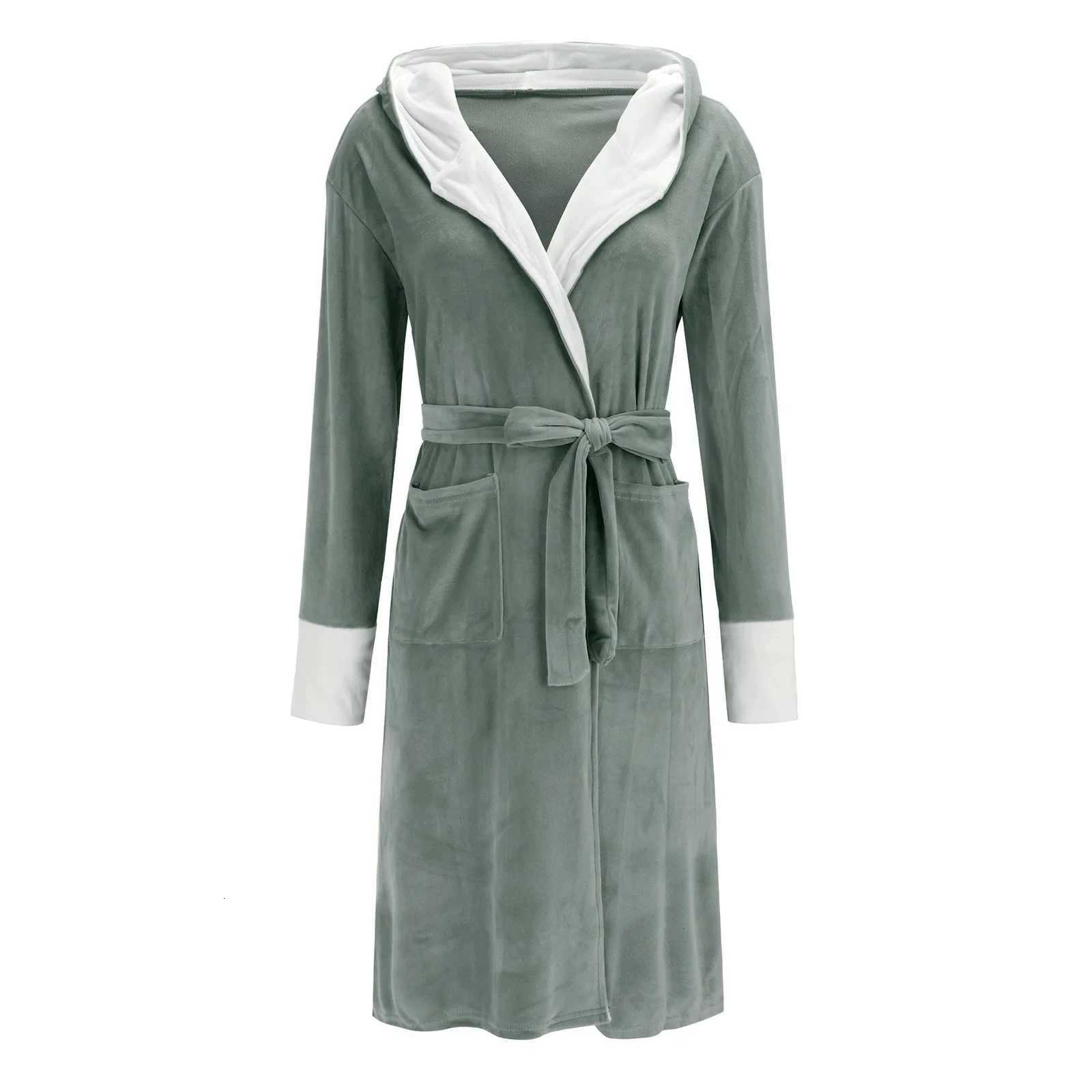 Womens Solid Color Winter Flannel Bathrobe Long-Length Pajama et With Pocket Thick Loungewear Robe Belt Homewear Bathrobe C251115