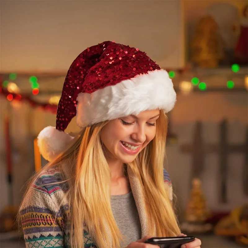 Shiny Sequined Christmas Hat New Year Red Santa Claus Caps Plush Fluffy Pompom Xmas Halloween Cosplay Party Snowman Beanie Cap Y251115