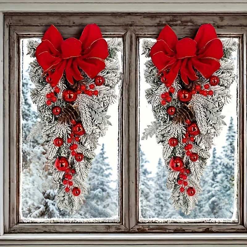 45/60cm Christmas Tree With Red Bow Christmas Ball For Front Door Window Flocking Wreath Xmas Ornaments Christmas DecorationsM251115