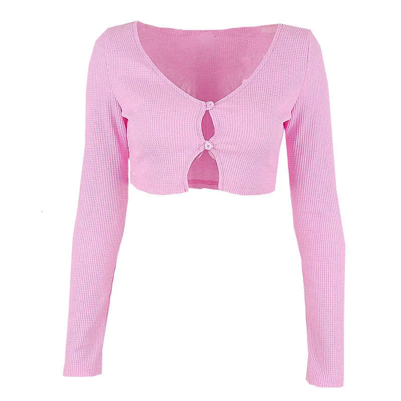 Xeemilo Sexy Y2K Pink Ribbed Knit T Shirt French Gentle Long Sleeves Cardigan Crop Tops High-waist Exposed Navel Women Slim Top 250415