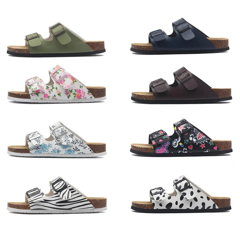 Summer Women Men Cork Mules Slippers Cartoon Print Beach Slippers Classic Cork Footbed Women Sandals With Adjustable Buckle 250411