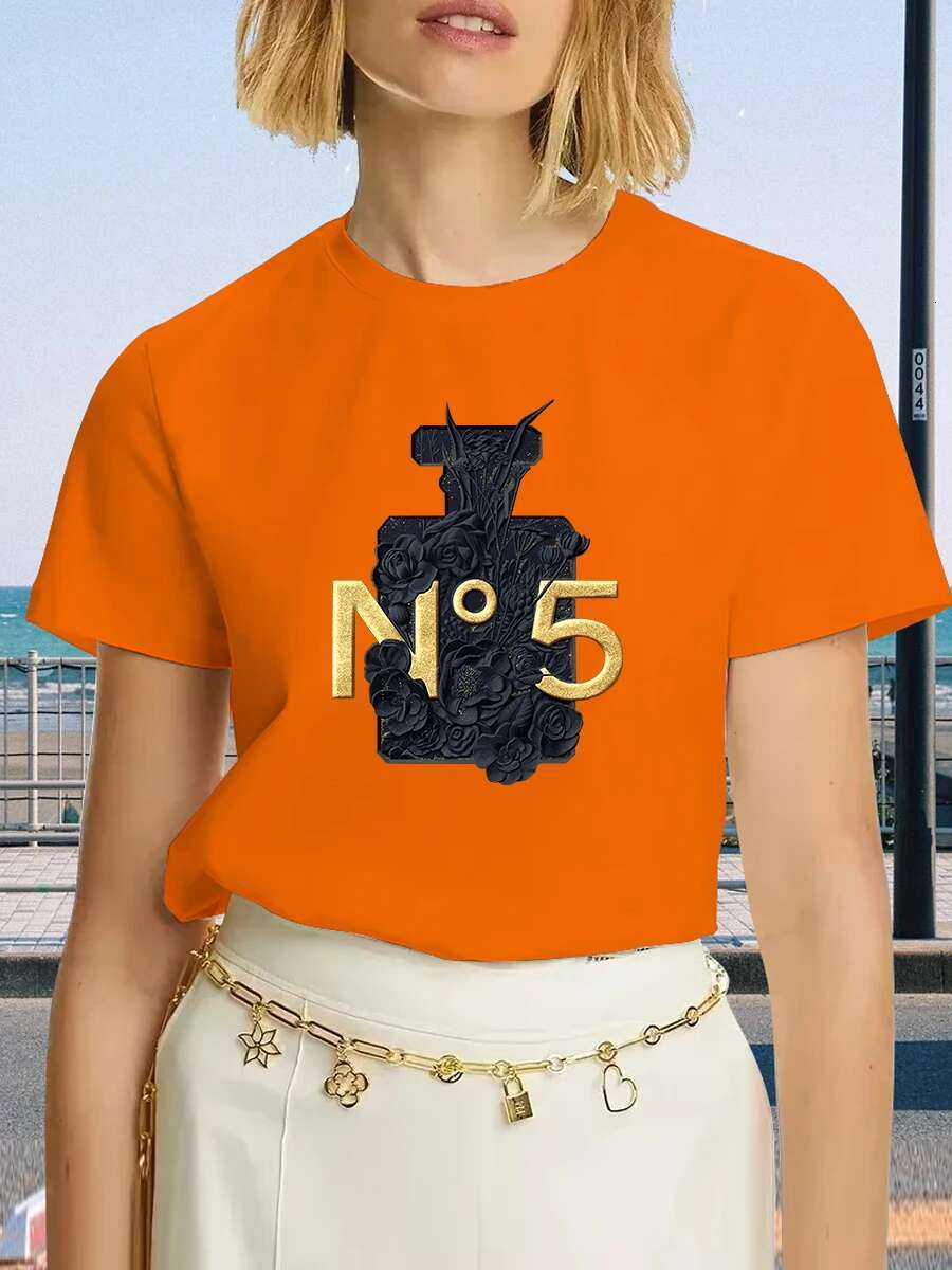 Brand Fashion Black Perfume Surrey Printed Crew Neck Clothing Short Sleeve T-Shirt Trend Women's Summer Y2K Top