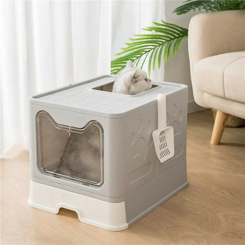 Front Entry Top Exit Cat Litter Tray Box with Scoop and Drawer Foldable Hooded Kitty Pet Toilet Extra Large 250414