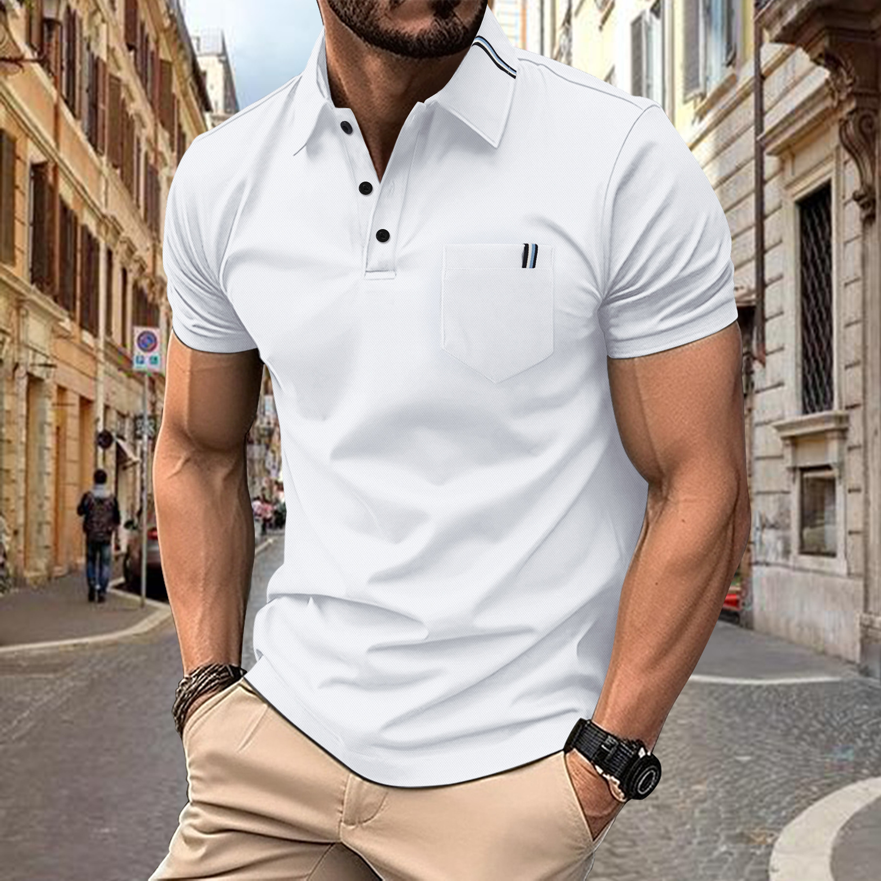 Summer new mens polo shirt casual sports solid color spliced ribbon lapel short sleeved top