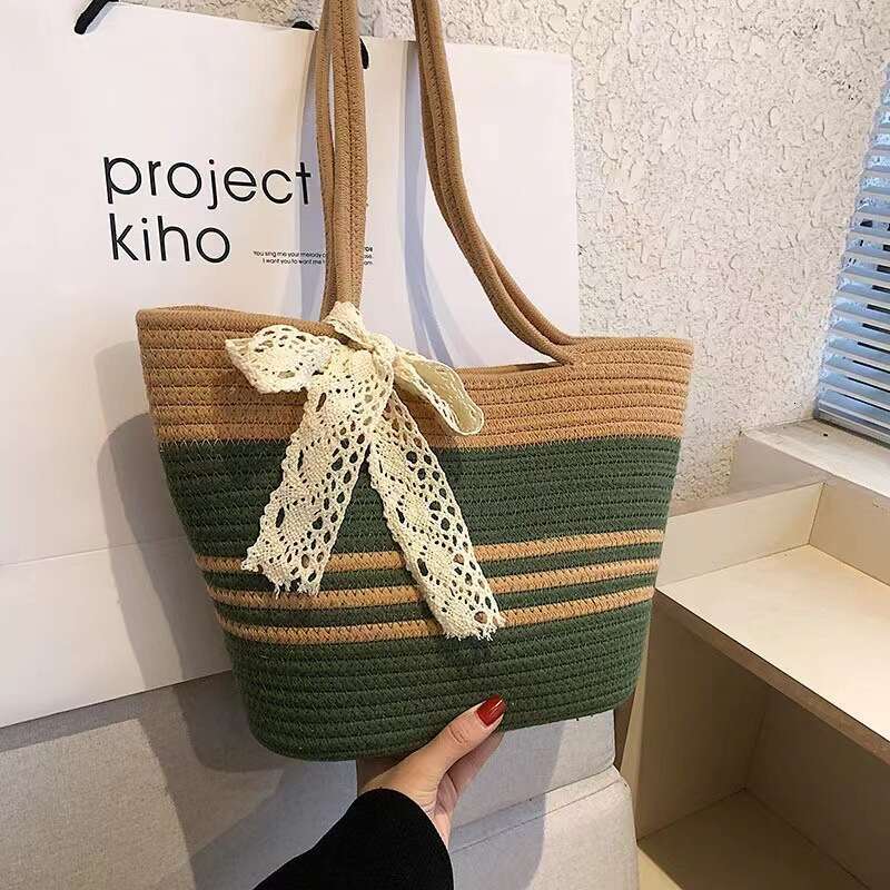 Handmade Beach Bag Large Capacity For Women 2025 Single Shoulder Cotton Thread Handheld Lace Straw Woven Color Blocked Beach Tote Bag Kq2