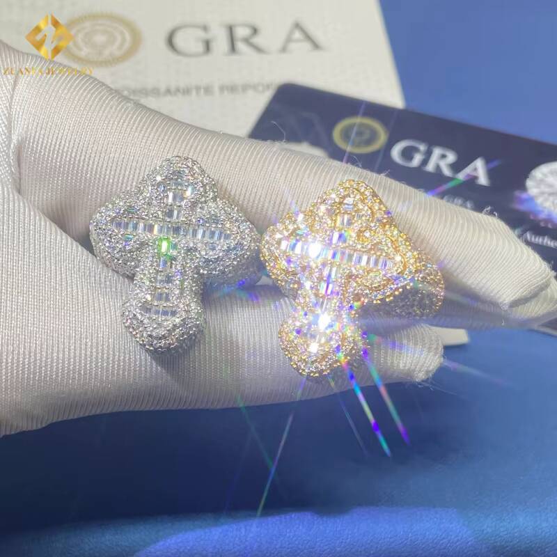 Hot Sale HipHop Cross Men Ring VVS Moissanite Ring Baguette Cut 925 Sterling Silver Moissanite Ring Past Diamond Tester with GRA