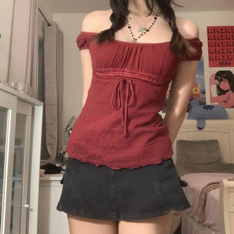 Elegant Lady Square Collar T-shirt Kawaii Bow Short Sleeve Pullovers Tees Y2K Vintage Fairy Grunge Women Crop Top Retro Clothes 250415