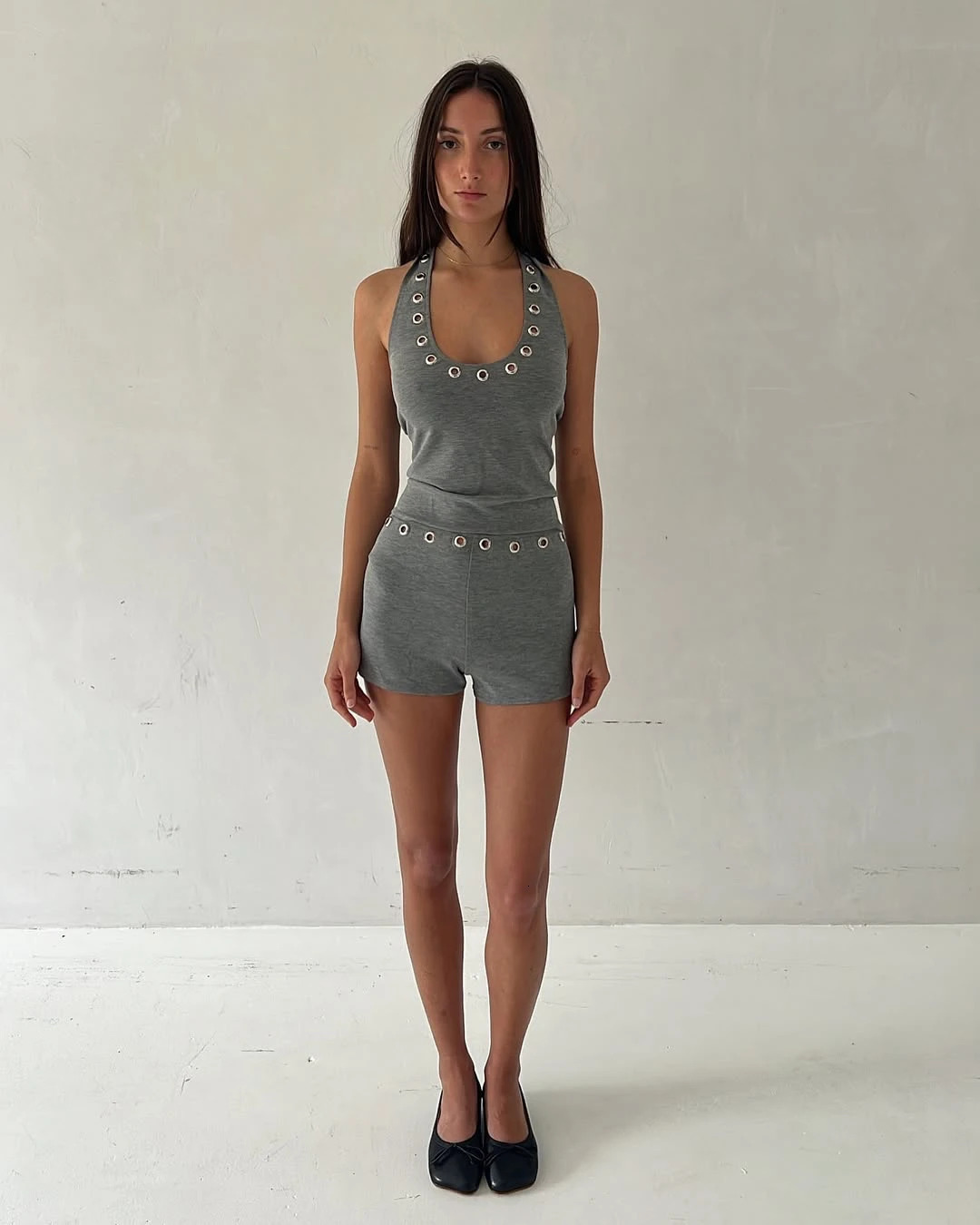 Honey grey halter vest Slim top with silver metal holes Low rise slim shorts set 250414