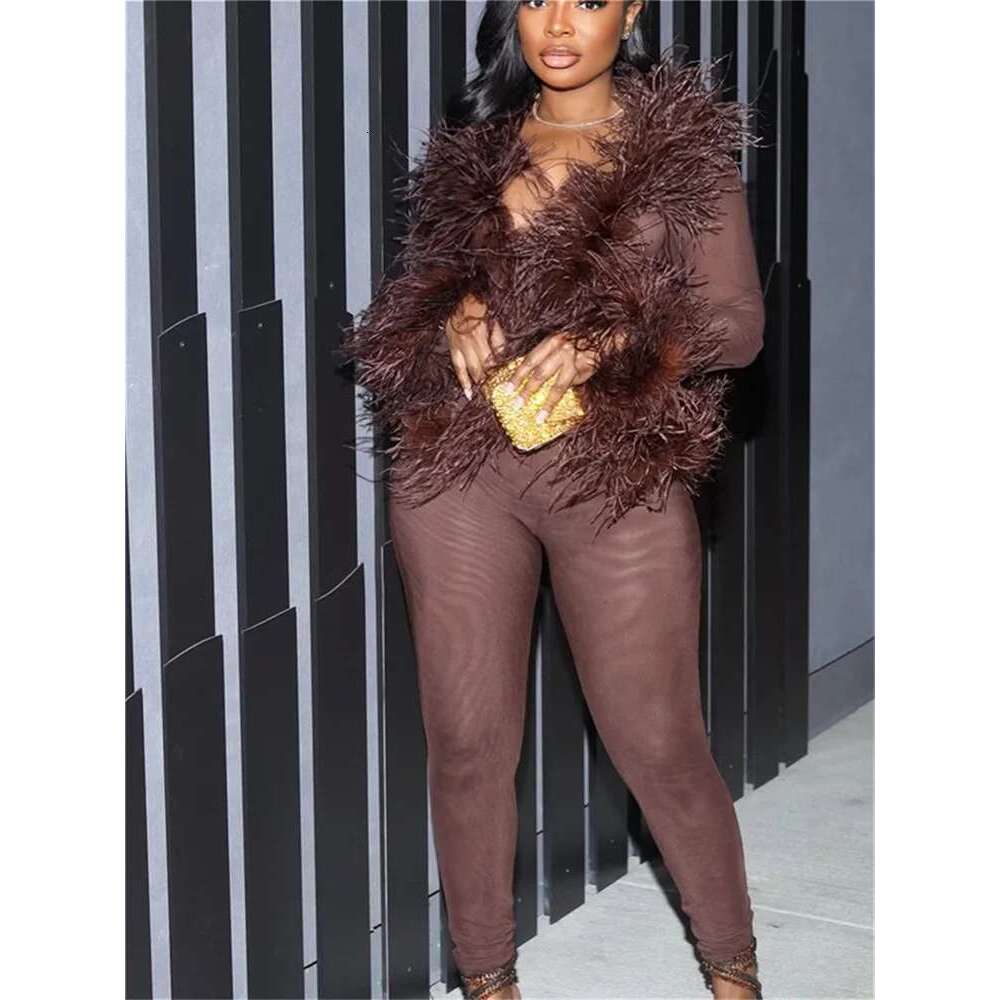 Weird Puss Sexy Fashion 2 Piece Set Women Fluff Patchwork Lace-Up Full Sleeve+Skinny Peach Hip Pants Club Coquett Trend Outfits
