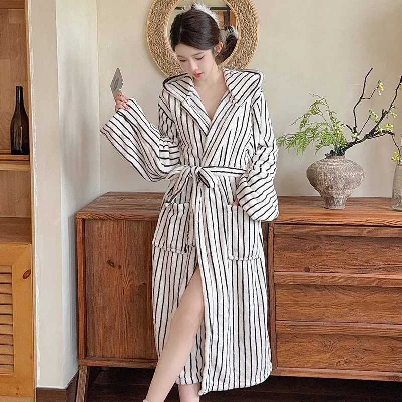 Thickened Flannel Robe Nightgown Womens Winter Long Morning Gown Bathrobe Striped Hooded Nightdress Coral Fleece Home Clothes C251115
