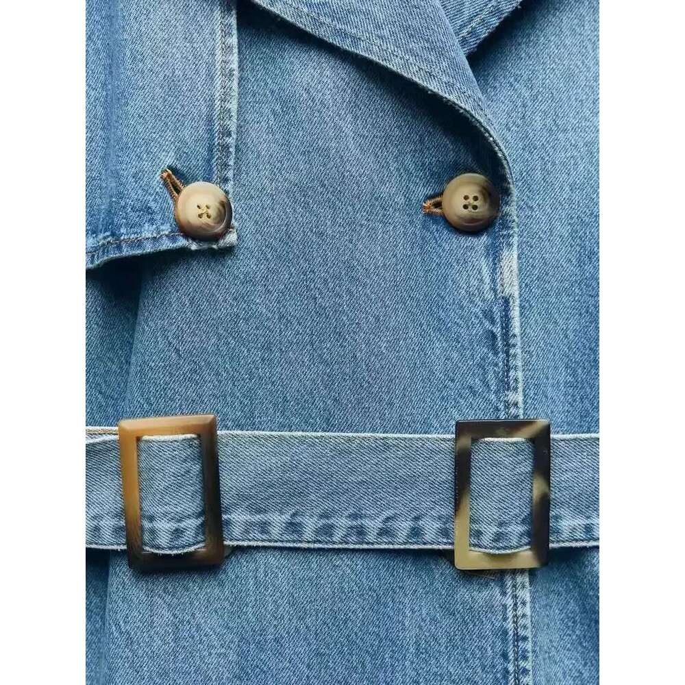 Europe And The United States Autumn New Fashion Street Personality Double Breasted Lapel Casual Long Denim Coat With Belt Women