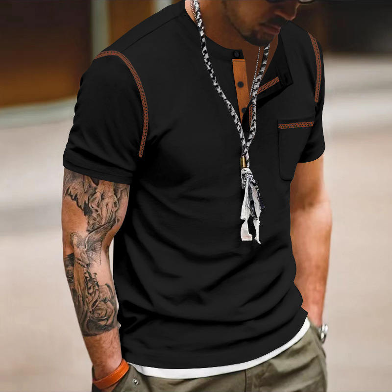 2025 Short sleeved Summer Henley Shirt Color blocked T-shirt Men's