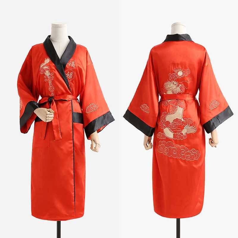 Novelty Reversible Black Red Women Kimono Yukata Satin Embroidery Dragon Nightgown One Size Robe Gown Two Side Sleepwear C251115