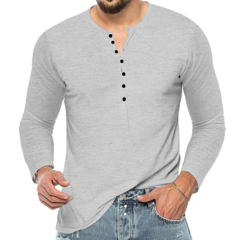 2025 New Spring and Autumn Long sleeved Men's T-shirt Bottom Shirt Slim fit Button V-neck Thin Style Body
