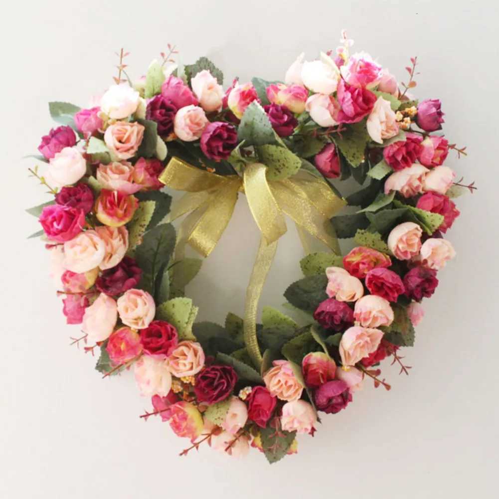 Valentines Wreath For Front Door Heart Shape Artificial Rose Flower Garland Silk Fake Peony Wedding Wall Hanging DecorationM251115