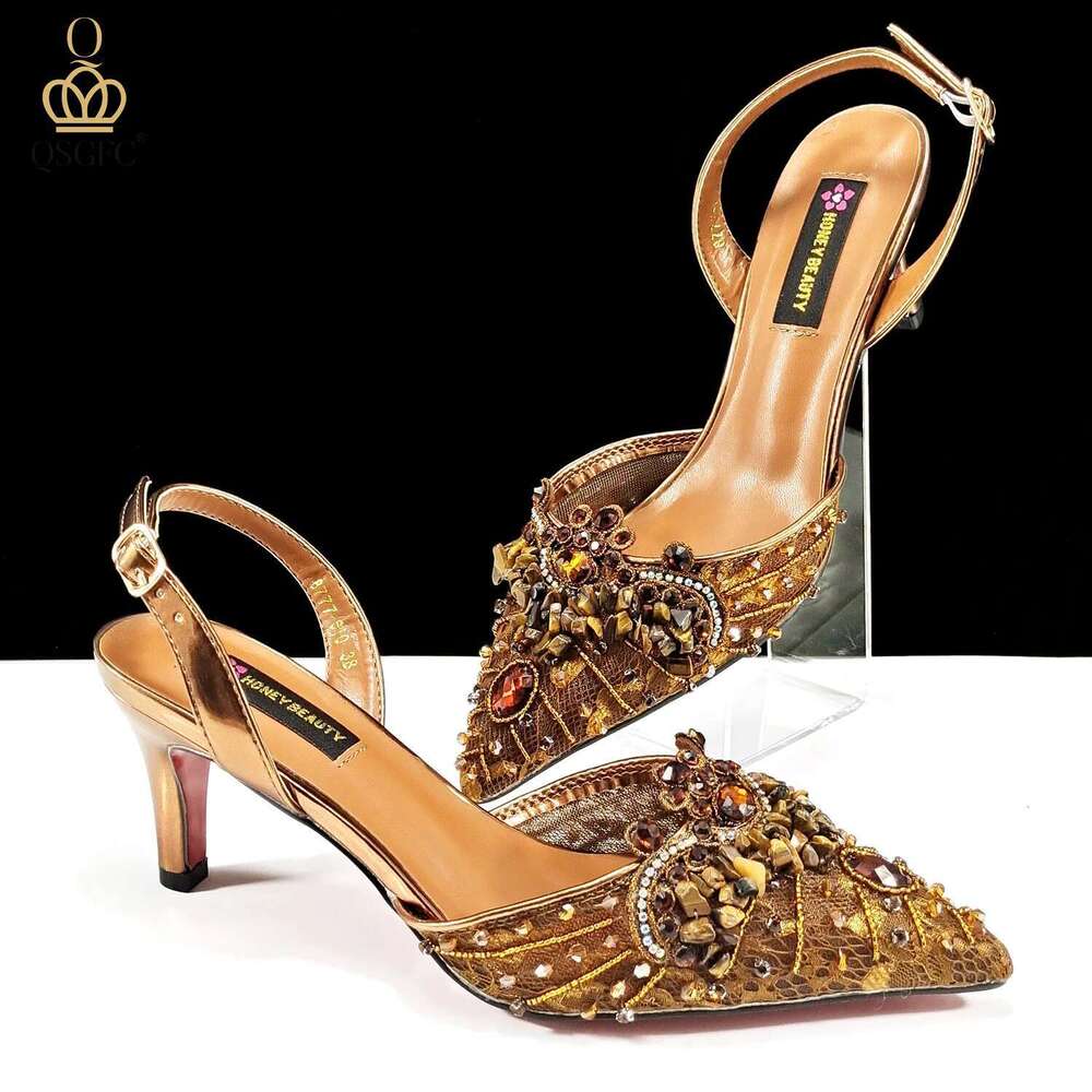QSGFC Italian Design Rhies and Coral Stones Ladies Party High Heels Pointed Toe Coffee Color Women's Shoes