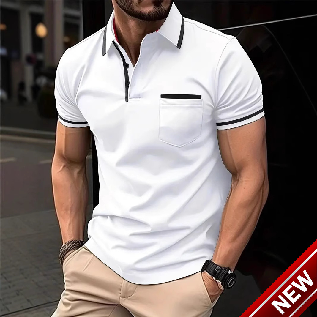 2025 Summer Casual Button Color blocked Pocket Mens Polo Shirt Sportswear