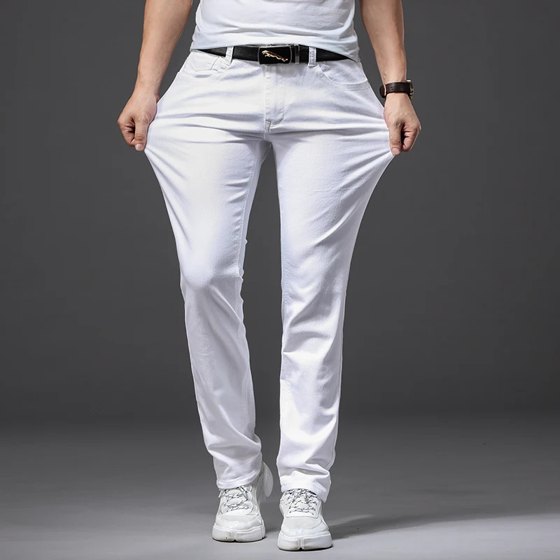 Mens white jeans fashionable and casual style slim fit soft mens highend elastic pants 250407