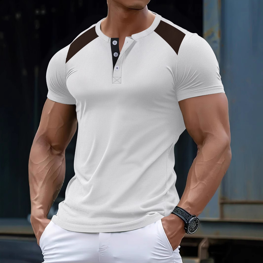 New fashionable mens Henry shirt casual breathable buckle V-neck color blocked short sleeved mens T-shirt top