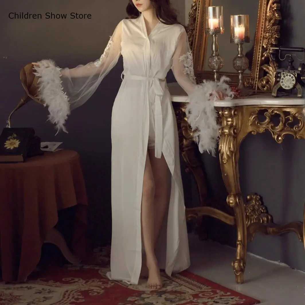 Large Mesh Feather Sleeve Kimono Women Bride Wedding Dresses Satin Robe Long Vestidos De Novia Luxury Lingerie Sleepwear C251115