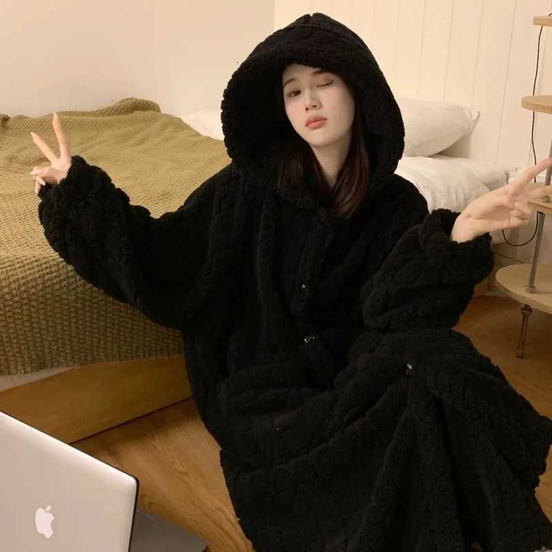 Black Robe for Women Sleepwear Winter Nightdress Night Wears Warm Fleece Pajama One Piece Nightgown Hooded Sleeping Homewear C251115