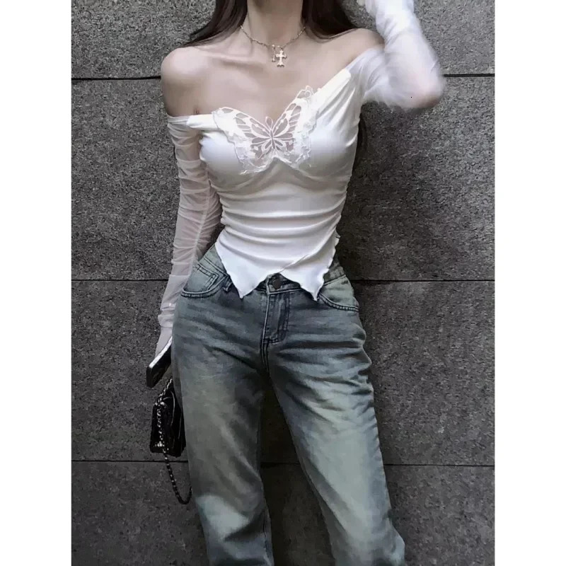 Korean Style Off Shoulder T Shirts Women Aesthetic Butterfly Cropped Mesh Tops Sexy Coquette Y2k Kpop Long Sleeve Tees 250415