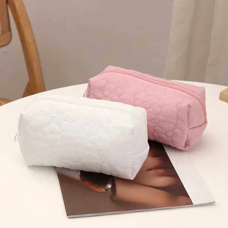 Womens pink and white cotton embroidered pillow makeup bag large capacity makeup organizer bag portable travel storage bagXJ250415