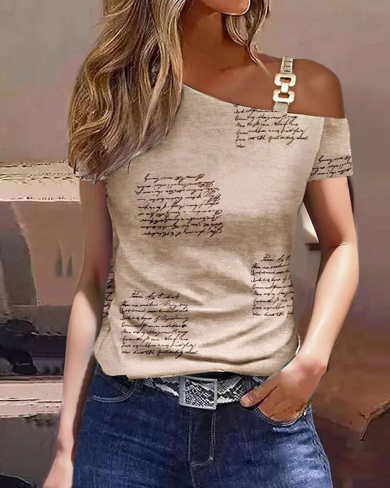 Women 2023 Summer Fashion Simple Metal Buckle Oblique Collar Casual Short-Sleeved Printed T-Shirt Top Y2K Clothes