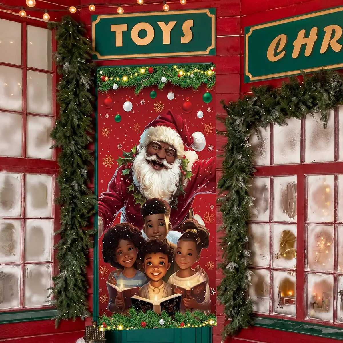 African American Christmas Door Cover Black Santa Claus Banner Black African American Christmas Decor Merry New year Xmas DecorM251115