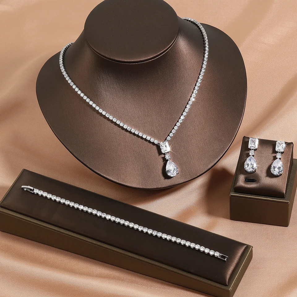 ZAKOL White Gold Color Tennis Choker Necklace Earrings Sets for Women Shinny Green Water Drop Zircon Wedding Jewelry 250414