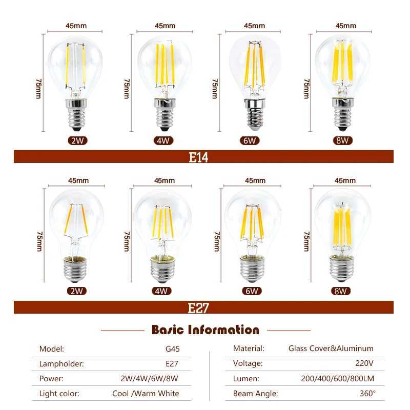 6pcs A60 G45 Retro Edison Glass Bulb E14 E27 2W 4W 6W 8W LED Light Bulb AC 220V Globe Ball Bulb Cold/Warm White Lampada LED Lamp C251115