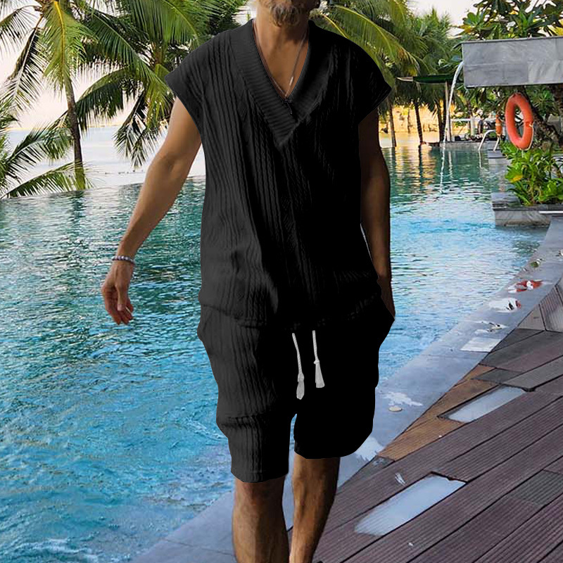 casual jacquard knit for men's summer loose oversized sleeveless T-shirt and shorts set