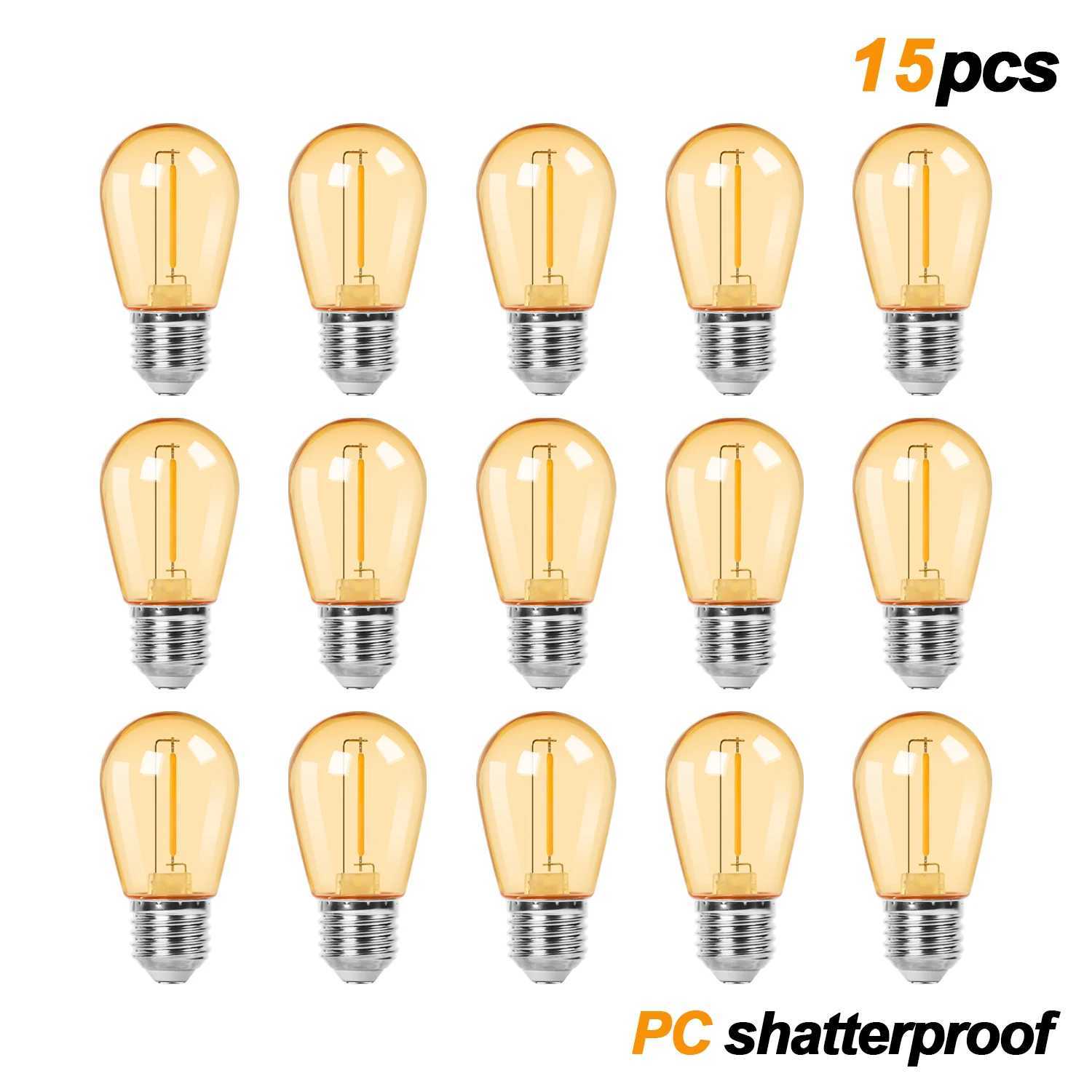 15Pack S14 1W Amber Plastaic Led Edison Light Bulbs Shatterproof E27 Screw Base Dimmable Outdoor String Light Replacement Bulb C251115