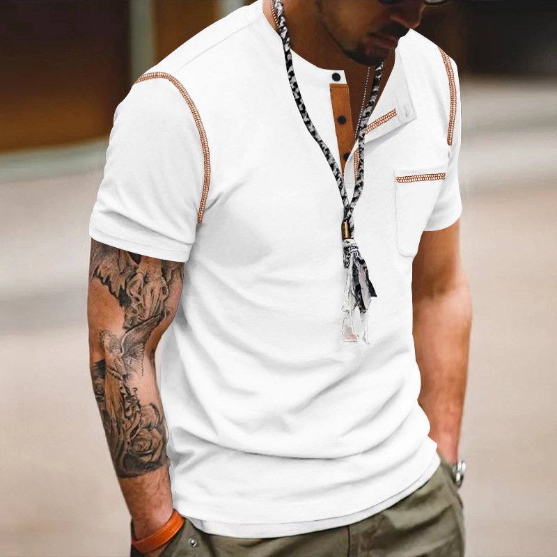 2025 Short sleeved Summer Henley Shirt Color blocked T-shirt Men's